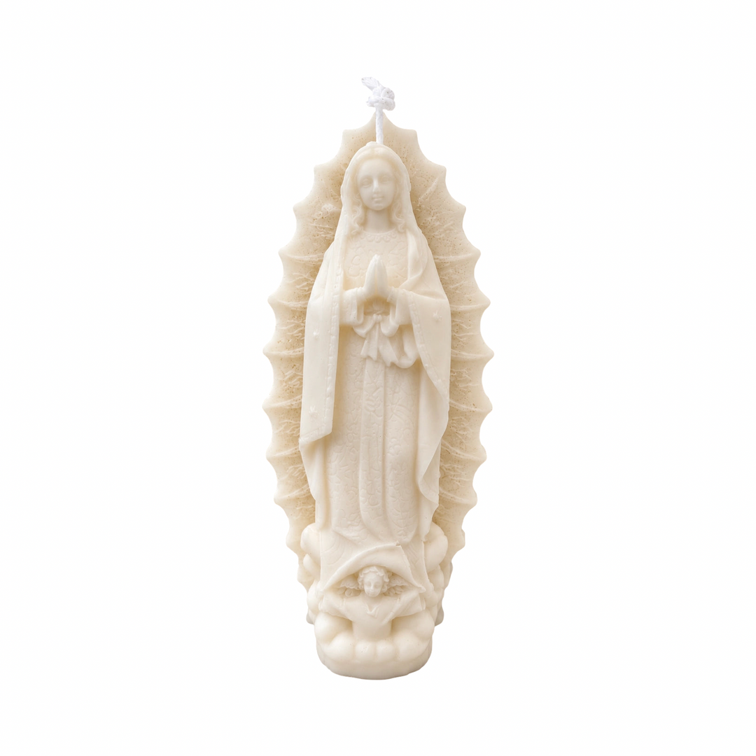 Virgin Mary shaped white candle.