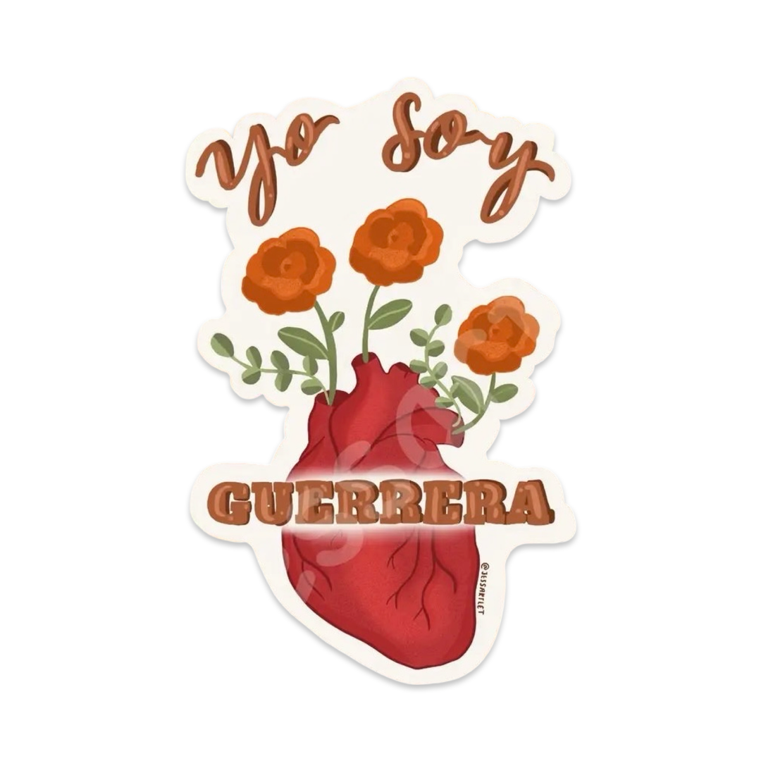 Anatomical heart with orange flowers coming out of the arteries and the phrase "Yo Soy Guerrera" in brown lettering.