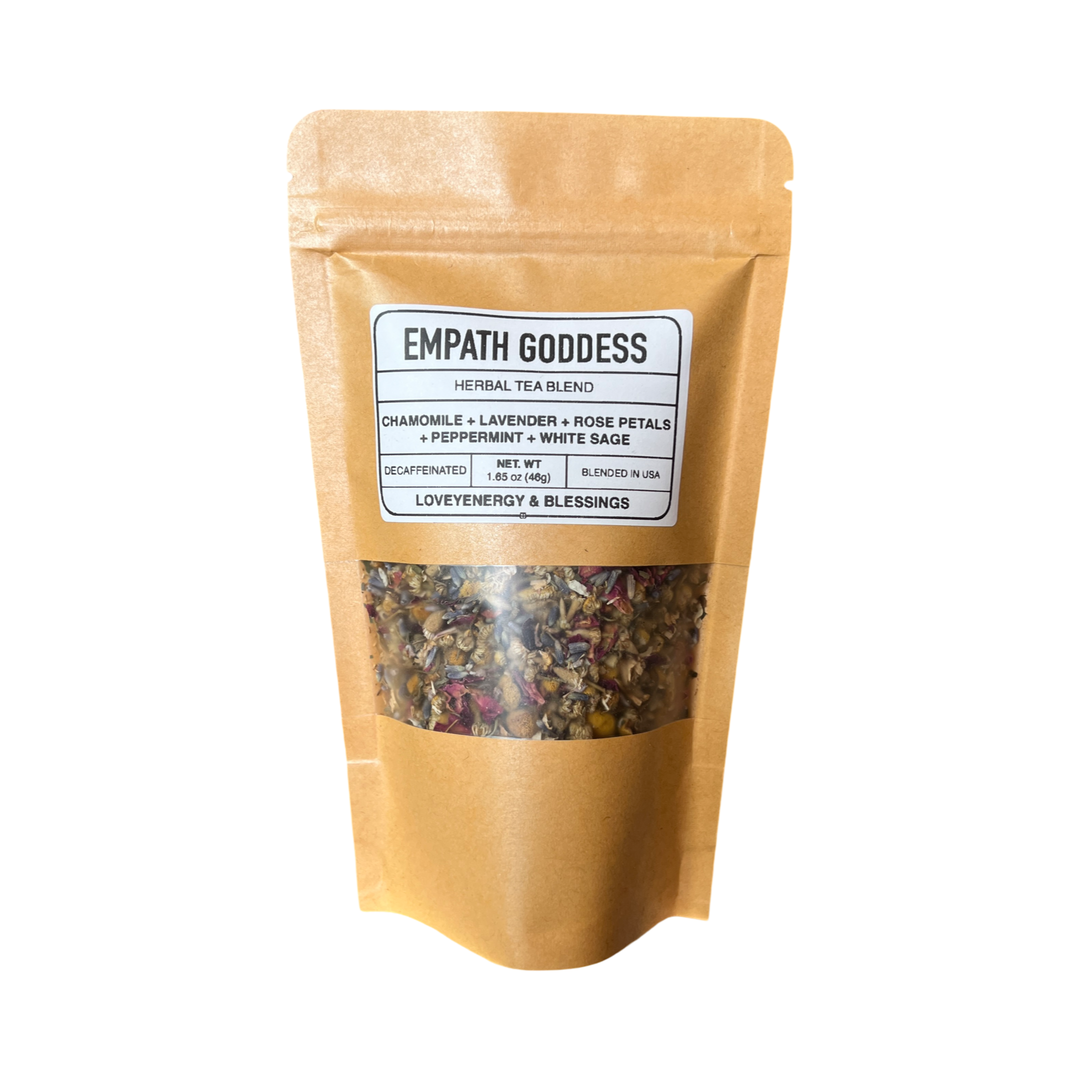 1.65 oz kraft pouch Empath Goddess herbal tea that features a clear window with dried flowers.