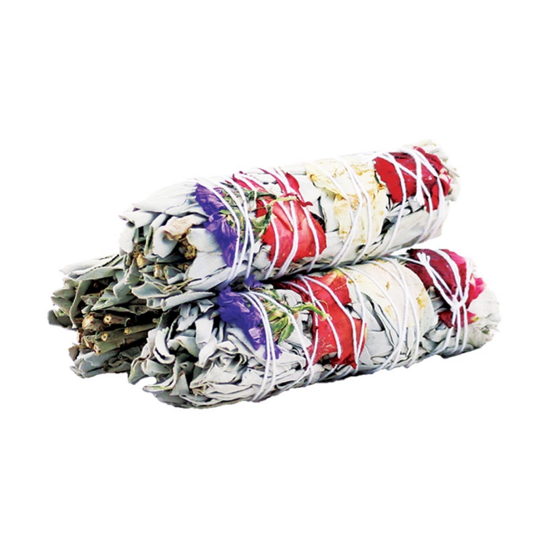 3 bundles of sage with various colored flowers wrapped in white twine.