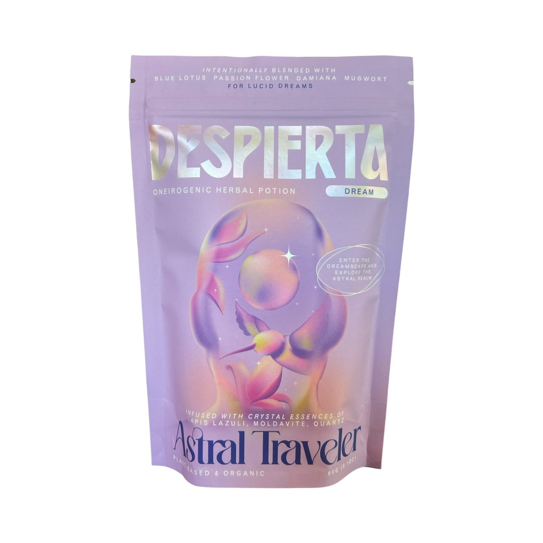 2.1 oz pastel purple holographic pouch of Despierta – Astral Traveler oneirogenic herbal potion. The packaging features dreamy, ethereal artwork and text highlighting its lucid dream-enhancing ingredients.