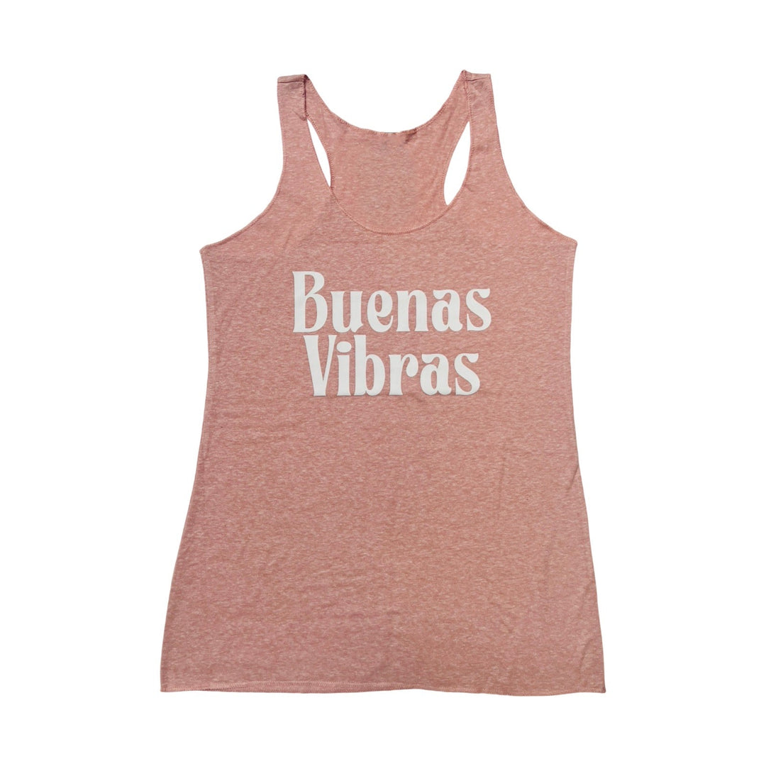 light pink tank top with the phrase Buenas Vibras in white lettering