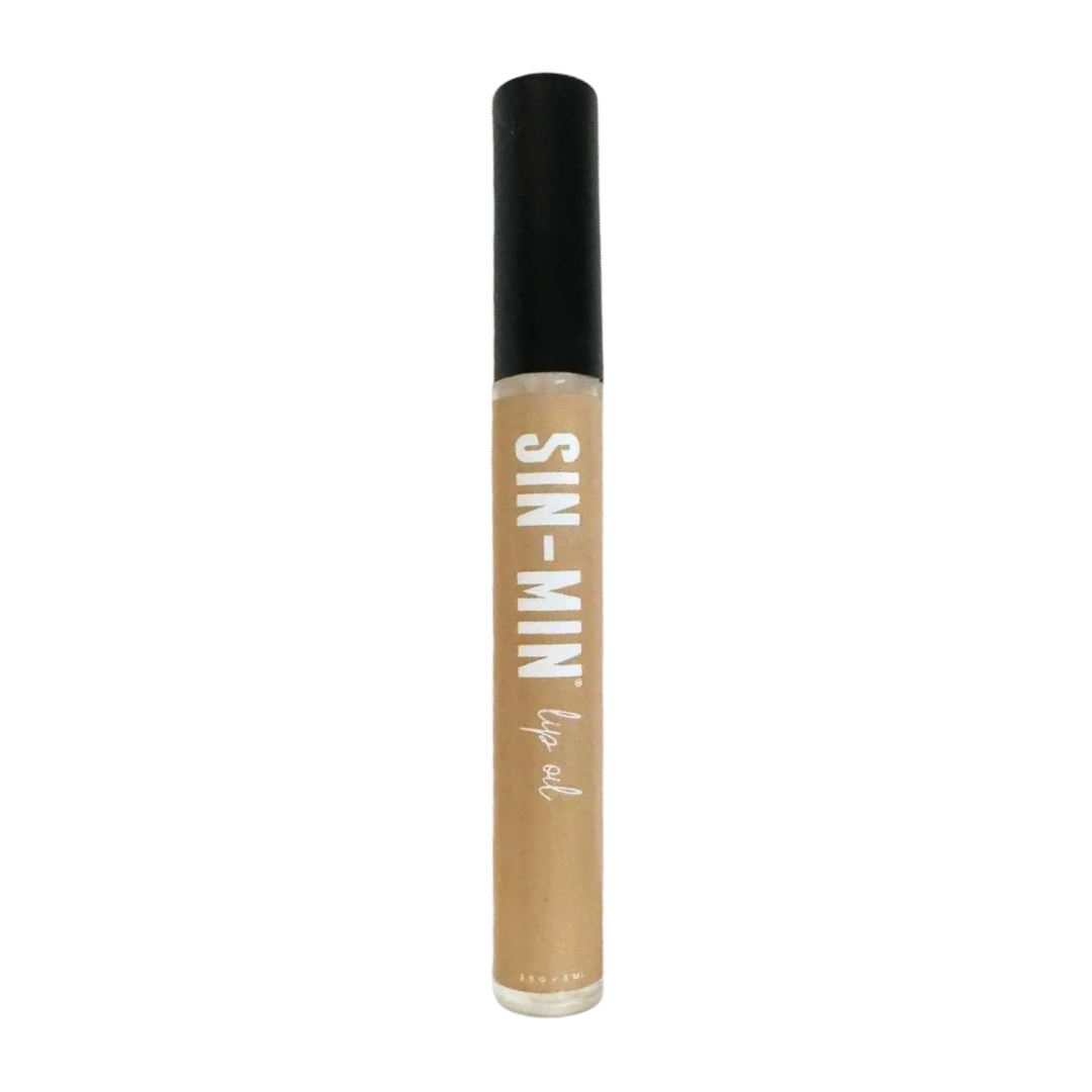 2 oz clear tube of lip oil with a brown branded label and black lid