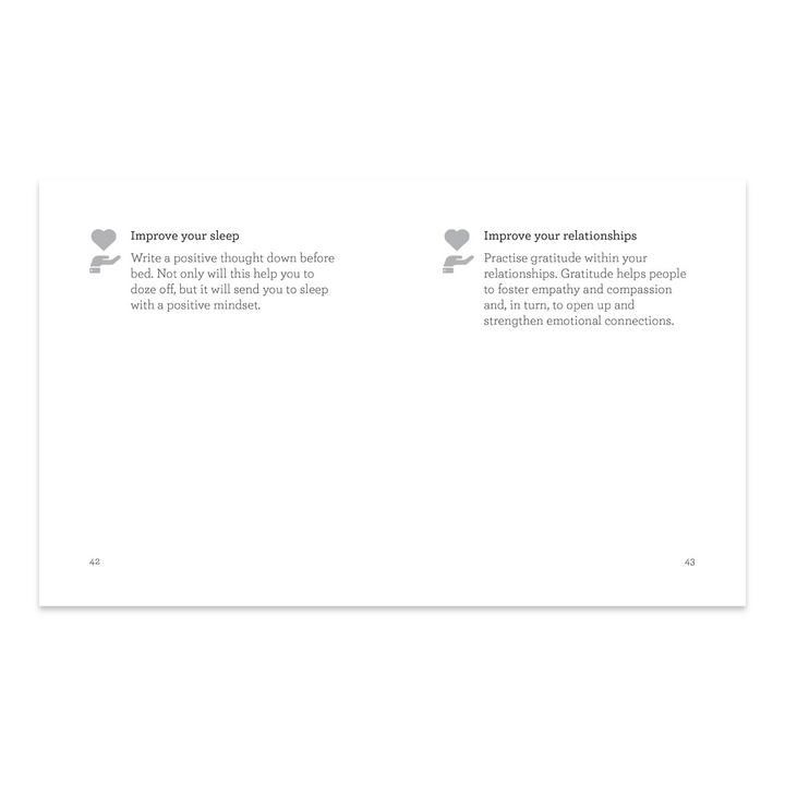 An open book spread showing pages 42 and 43, each featuring a small heart and hand icon alongside a short wellness tip. Page 42 is titled 'Improve your sleep' and page 43 is titled 'Improve your relationships,' both with brief descriptive text in light gray on a white background.