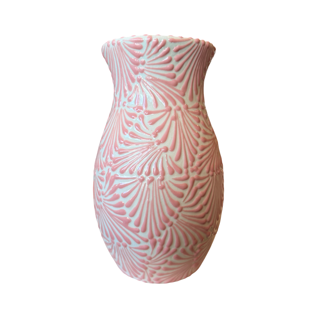white vase with a pink Puebla design