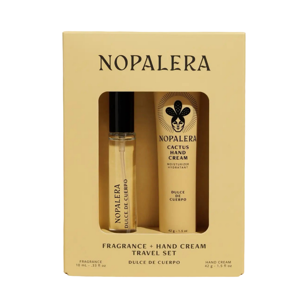 Yellow gift box containing Nopalera Dulce De Cuerpo cactus hand cream and matching travel fragrance roller displayed side by side.