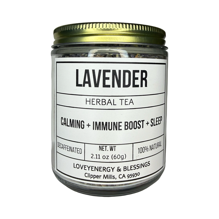clear 2.11 oz jar of lavender herbal tea with a gold lid.