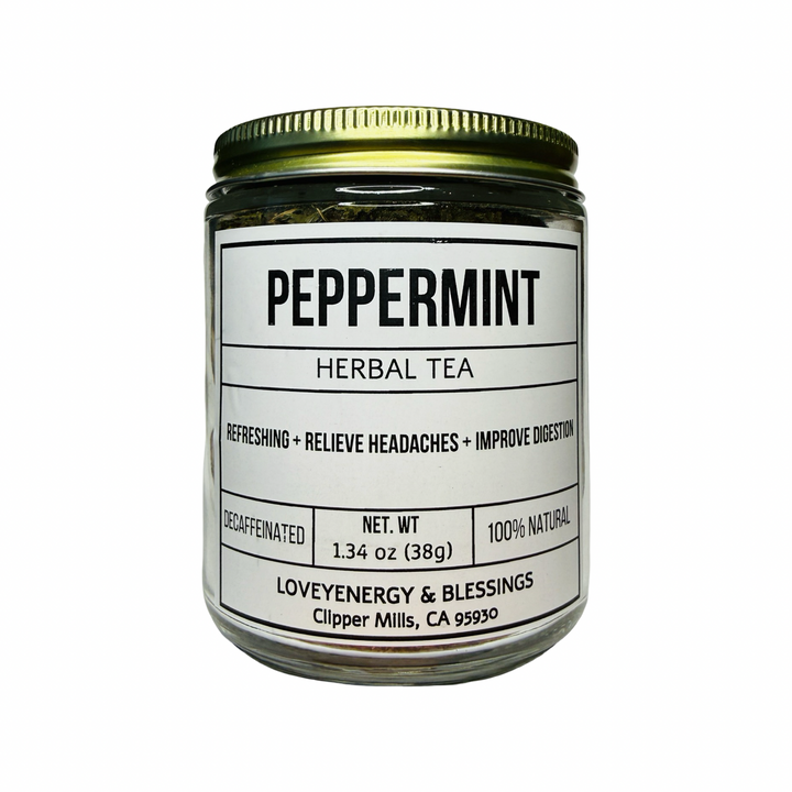 clear 1.34 oz jar of peppermint herbal tea with a gold lid and white branded label.