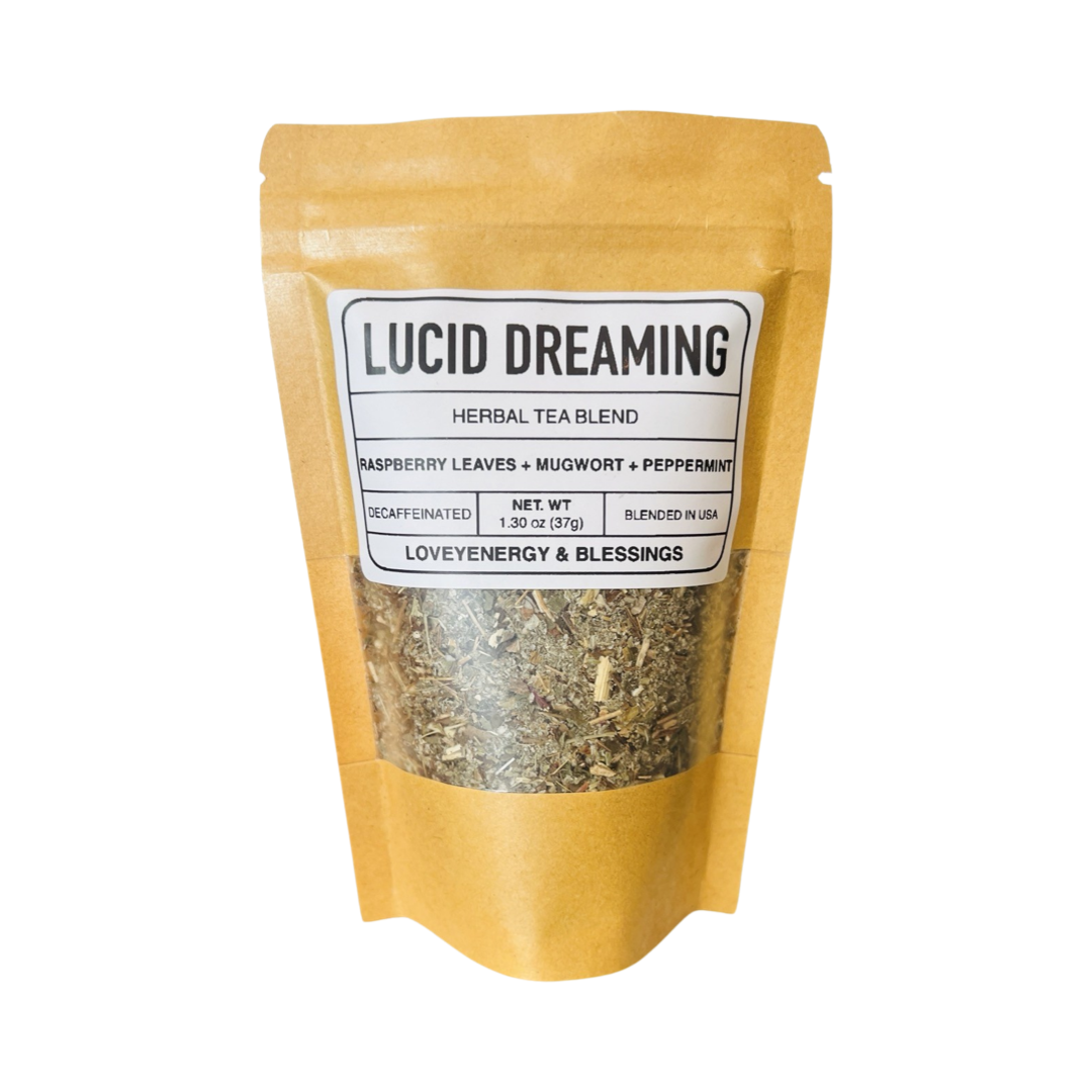 1.30 oz kraft pouch of tea featuring dried rasberry leaves, mugwort and peppermint with a white branded label. Brand: Loveyenergy & Blessings