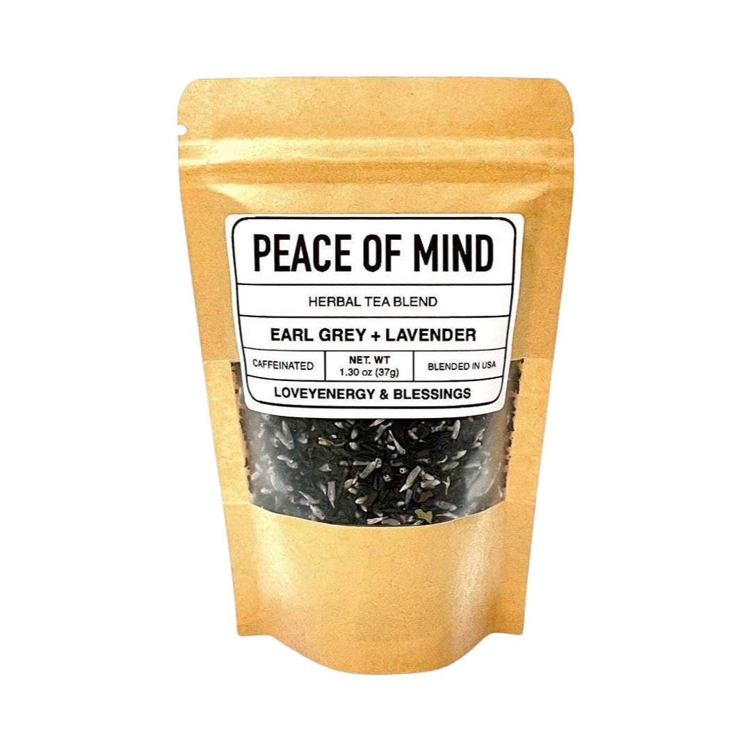 1.30 oz kraft pouch of tea featuring dried earl grey and lavender with a white branded label. Brand: Loveyenergy & Blessings