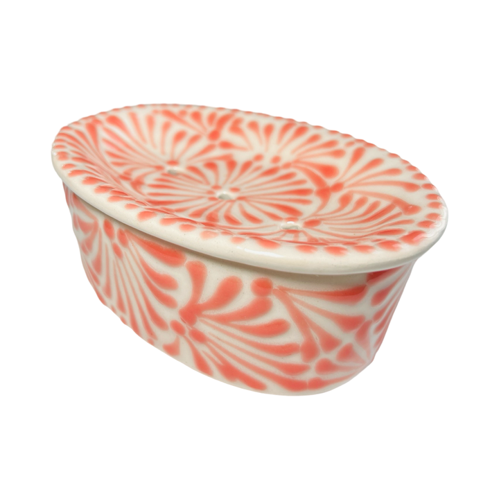 Puebla soap dish with a white and coral glazed design.