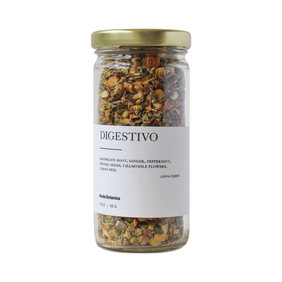 1.9 oz clear jar of dried flowers and herbs tea with a white branded label with black lettering. Brand: Nuda Botanica