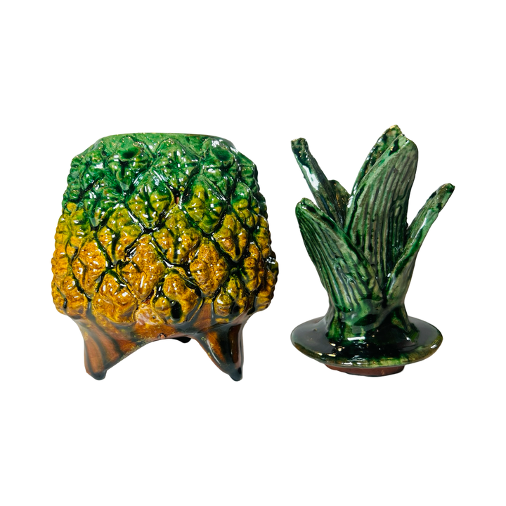 clay Michoacán Pineapple in a green and yellow glaze with the lid off