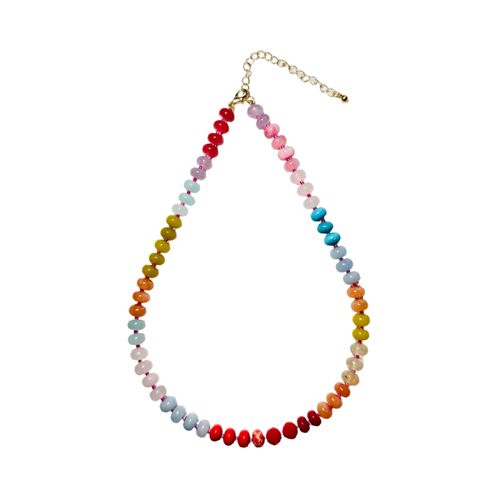 Rainbow multicolor natural agate and glass bead necklace with a gold chain extender.