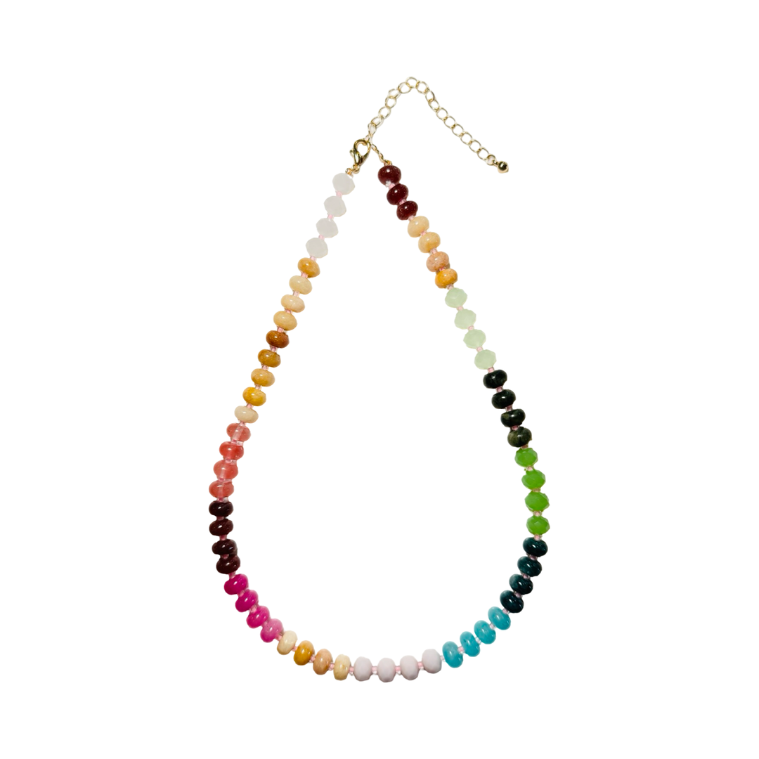 Rainbow multicolor natural agate and glass bead necklace with a gold chain extender.