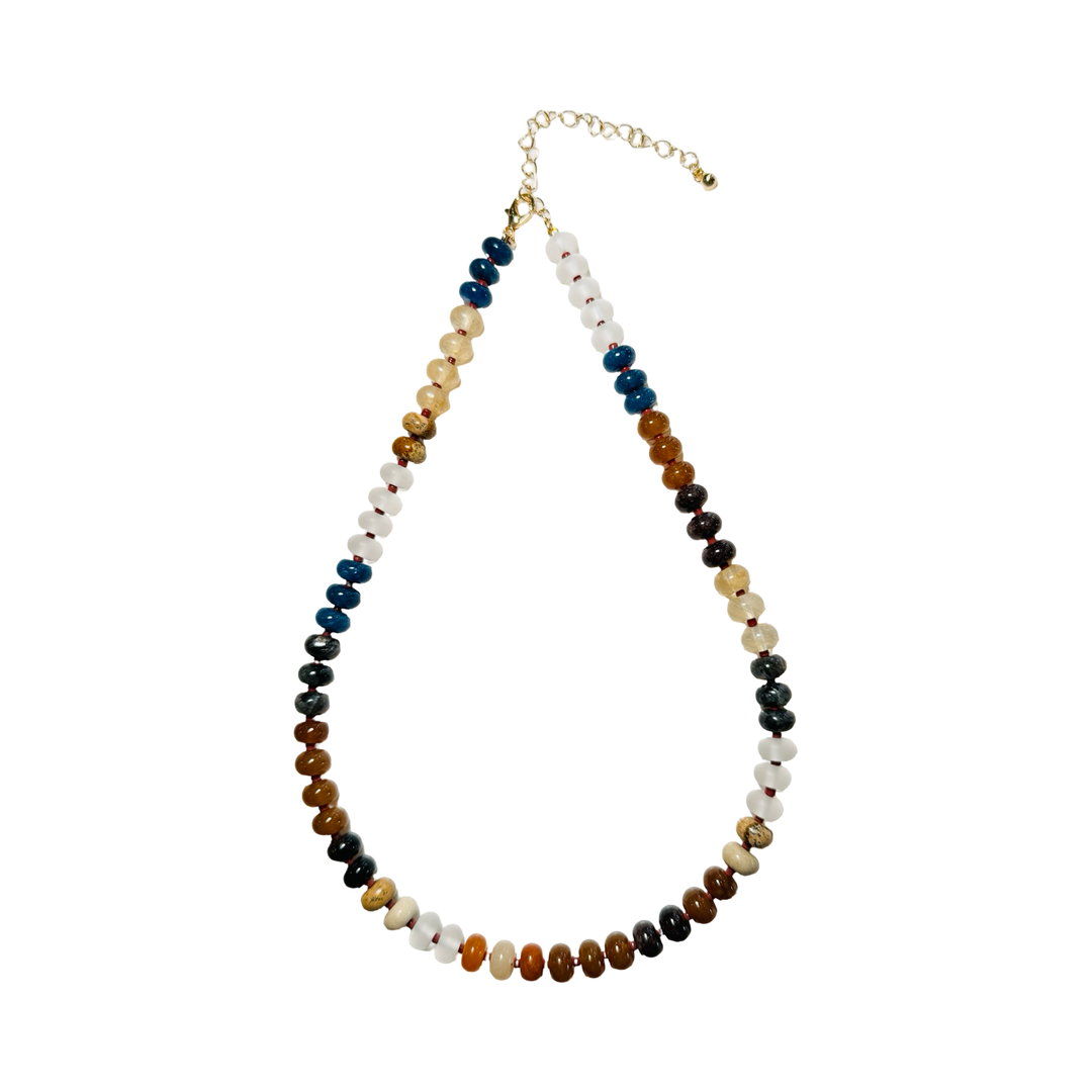 Multicolor natural agate and glass bead necklace in earthy blue and neutral tones.