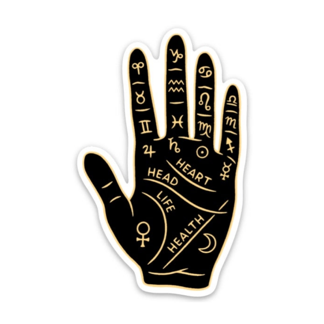 black hand with the astrology signs throughout the fingers as well as the words, heart, head,life and health. All in gold lettering.