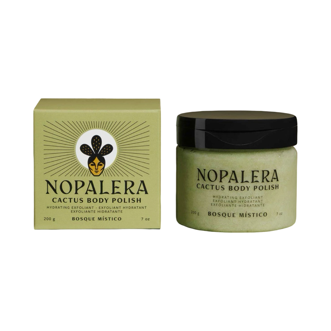 7 oz jar of Nopalera Cactus Body Polish in Bosque Místico with green branded box packaging.