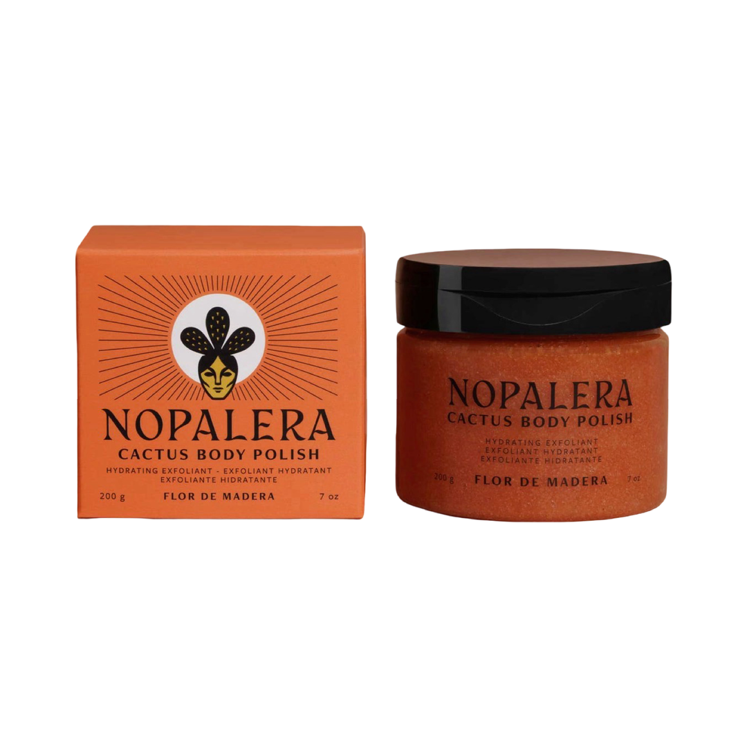 7 oz clear jar of Nopalera Cactus Body Polish in Flor de Madera with terracotta box packaging.