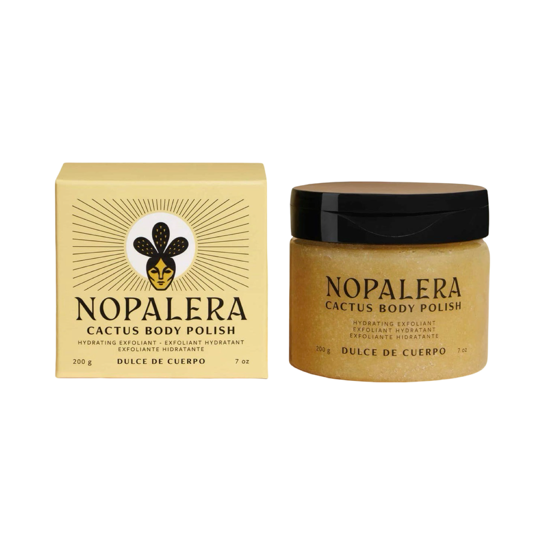 7 oz clear jar of Nopalera Cactus Body Polish in Dulce de Cuerpo with golden yellow box packaging.