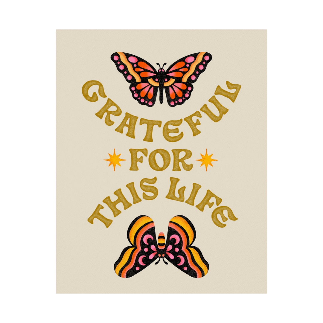 Beige rectangle sticker with images of two butterflies and the phrase Grateful For This Life.