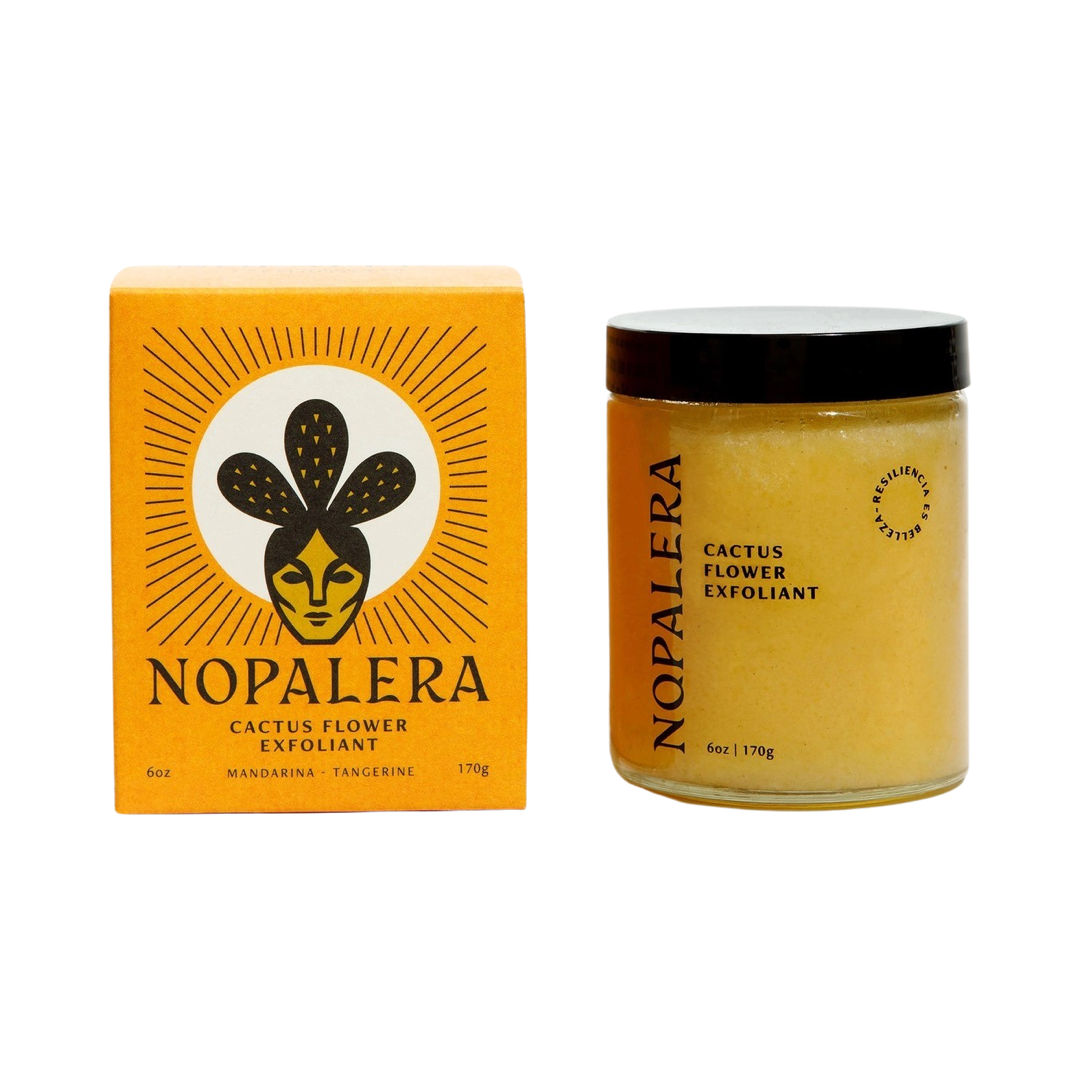 yellow branded box of cactus flower exfoliant and a clear jar of the exfoliant on the side of the box. Brand: Nopalera
