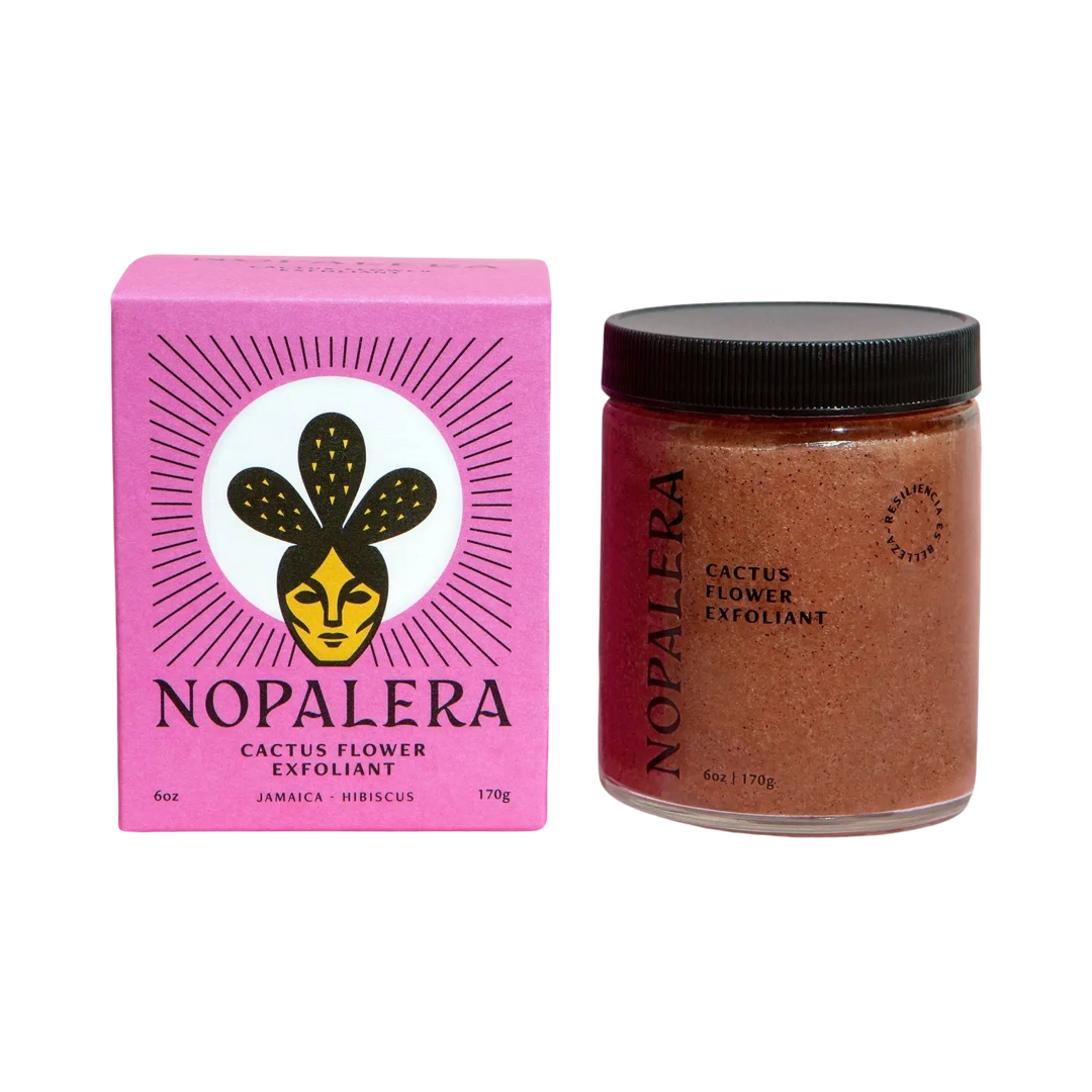 pink branded box of hibiscus exfoliant with a clear jar of the exfoliant on the side. Brand: Nopalera