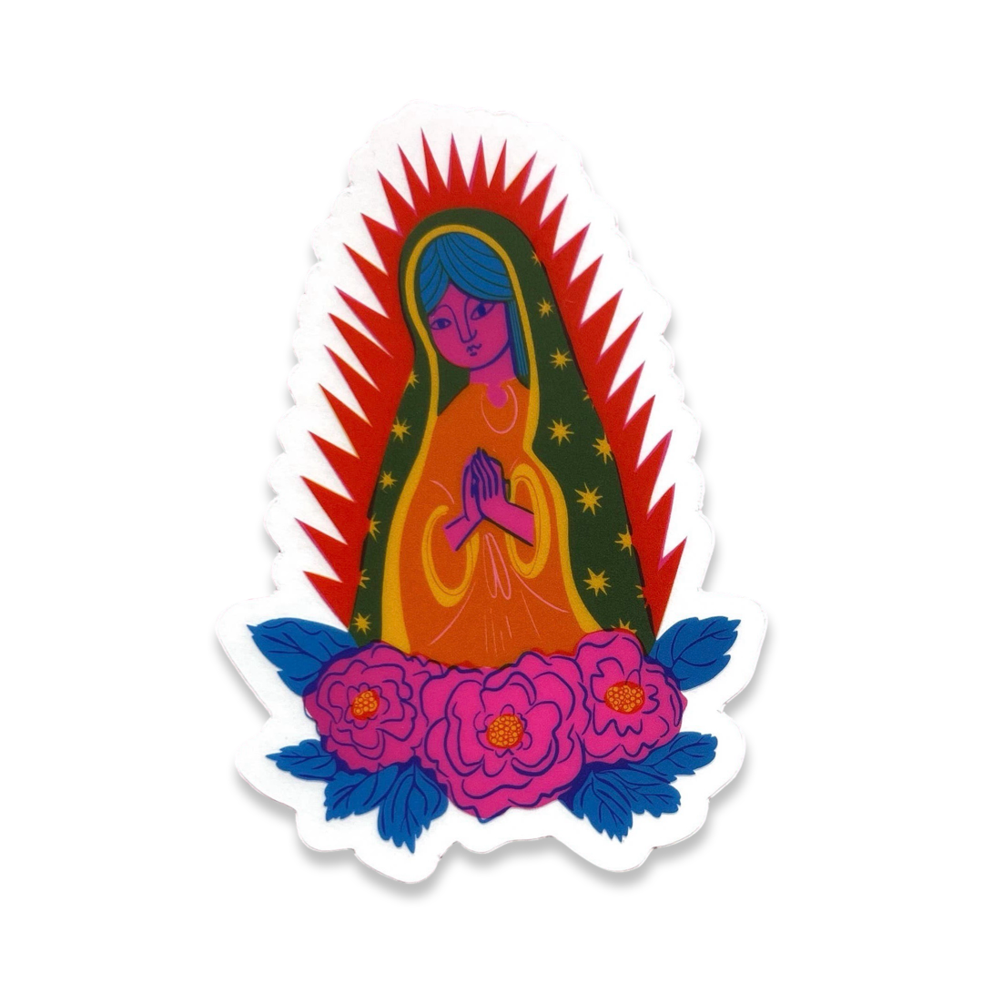 an illustration of the Virgin Mary in neon orange, red, pink, yellow and blue colors.