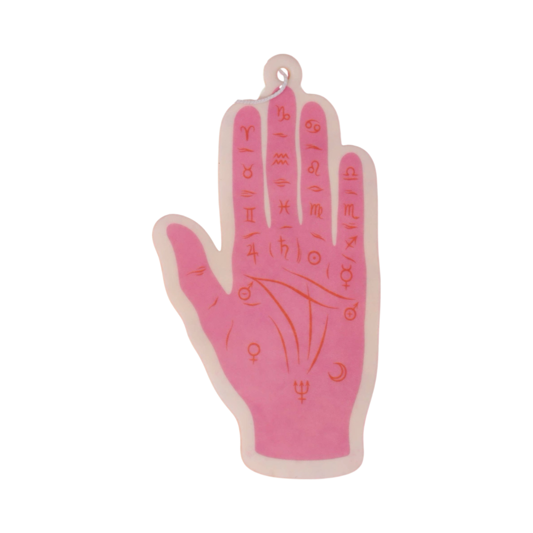 Pink palm of a hand with astrology signs