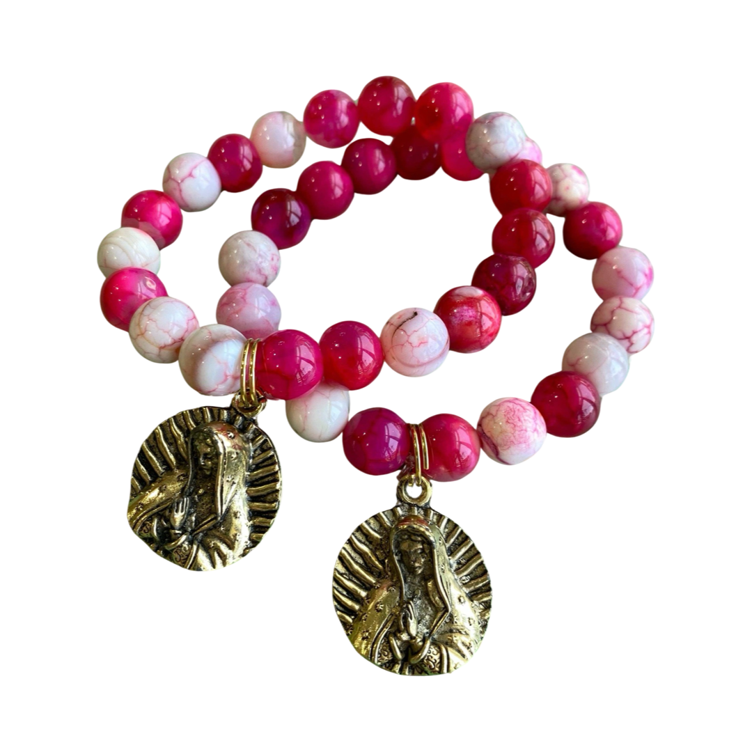 pair of pink agate beaded bracelet with a brass Our Lady of Guadalupe charm