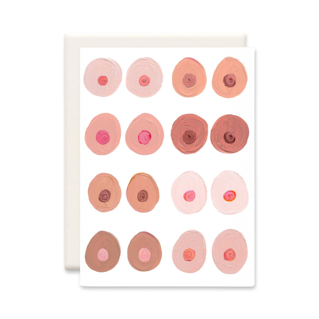 white card with an illustration of 8 pairs of breasts in various colors