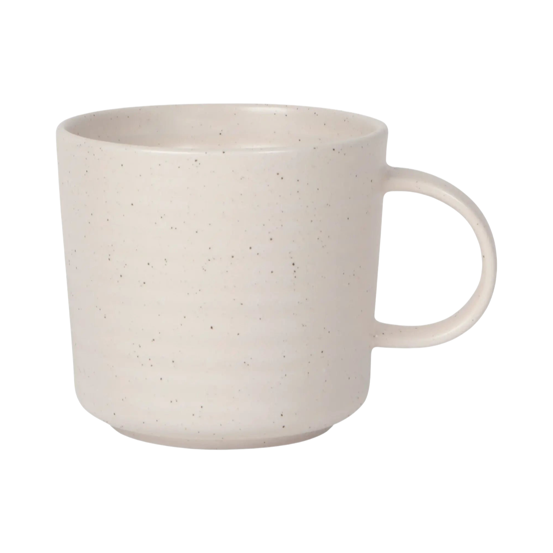 white mug with brown speckles