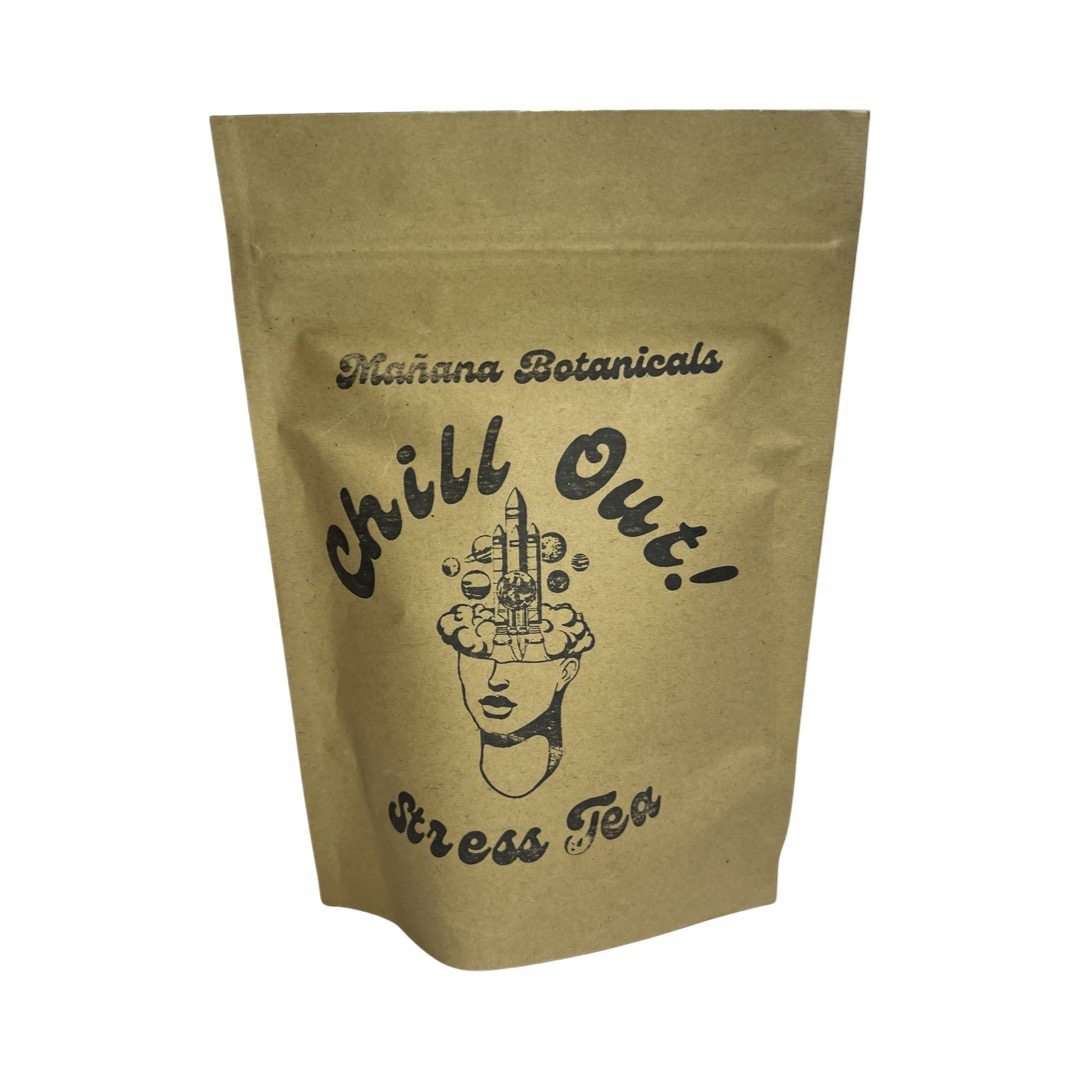brown branded pouch with an illustration of a head with the top half being a rocket ship with plants orbiting it.