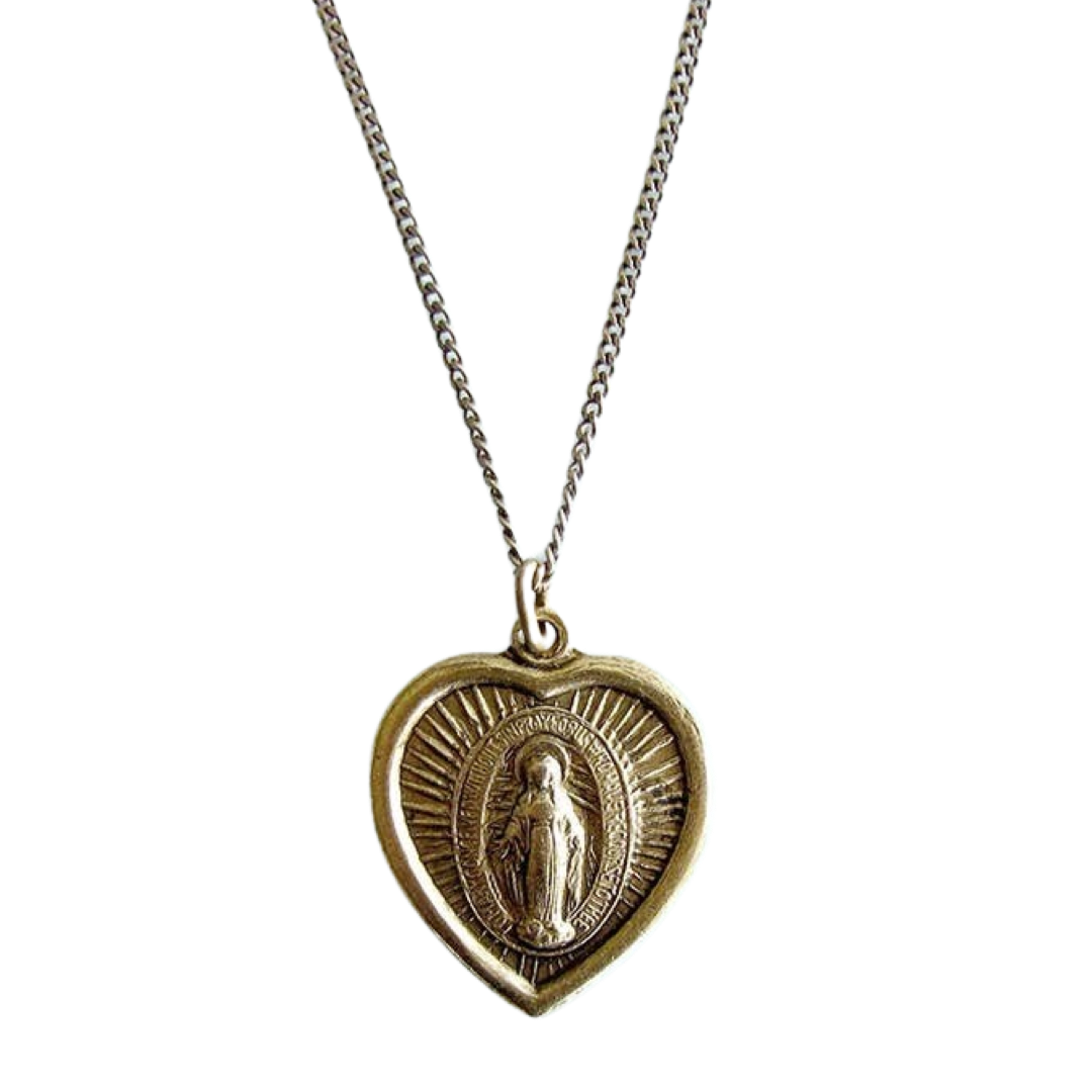 gold necklace with a heart shaped pendant with an image of the Virgin Mary