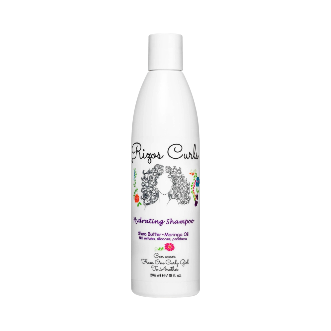 10 oz white branded bottle that features an illustration of a woman with cury hair. Brand: Rizos Curls