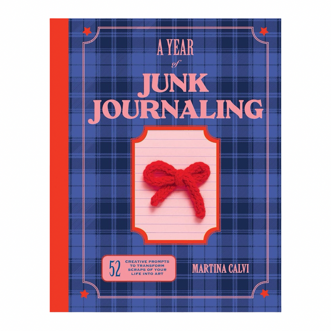 A Year of Junk Journaling" book cover, plaid design with yarn bow.
