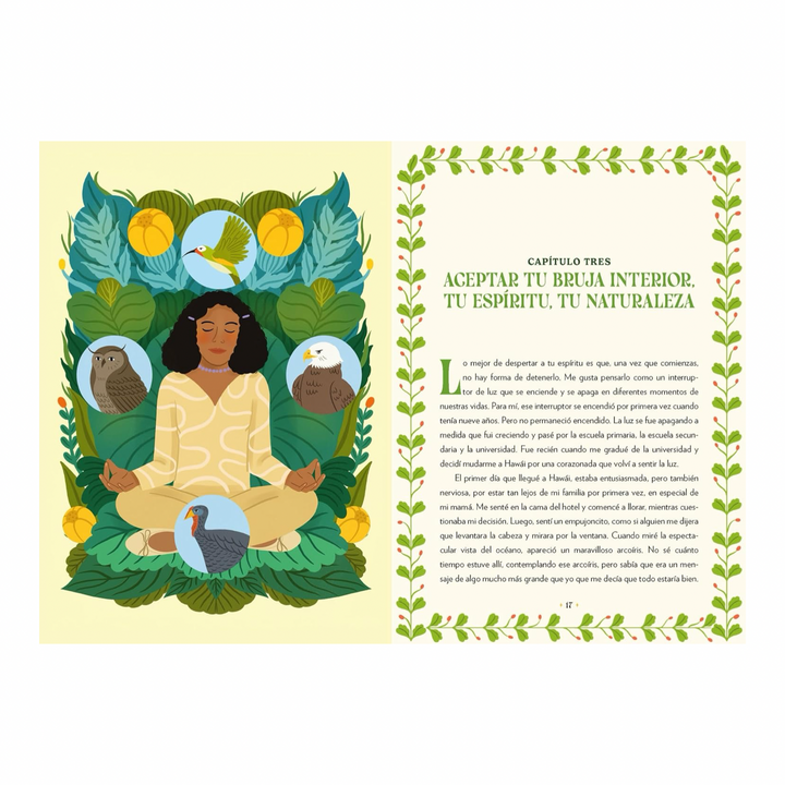 Alt text for the interior spread: Illustrated page of a woman meditating surrounded by birds and leaves next to a page of Spanish text titled "Capítulo Tres."