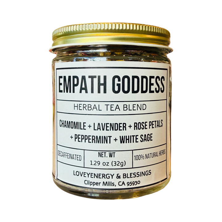 1.29 oz clear jar of tea featuring dried flowers and herbs with a white branded label. Brand: Loveyenergy & Blessings