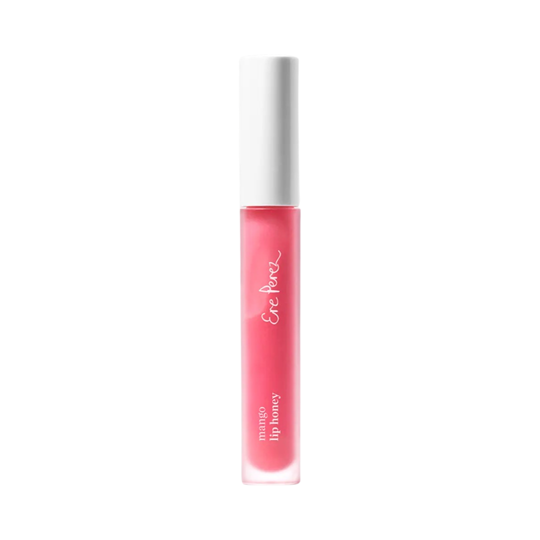 clear tube of pink lip gloss with a white lid