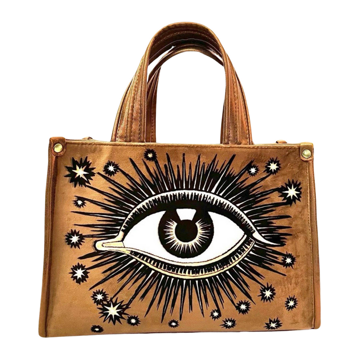 brown hand bag with an image of an eye with sunbursts and sun rays. Brand: La Funky Mexicana