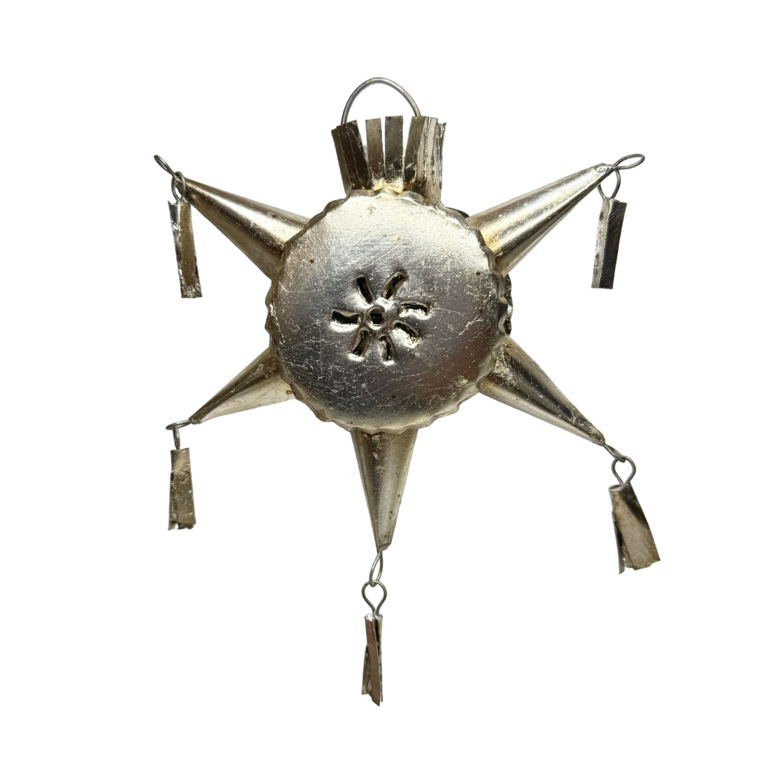 silver five-point star shaped pinata ornament with a hanging loop.