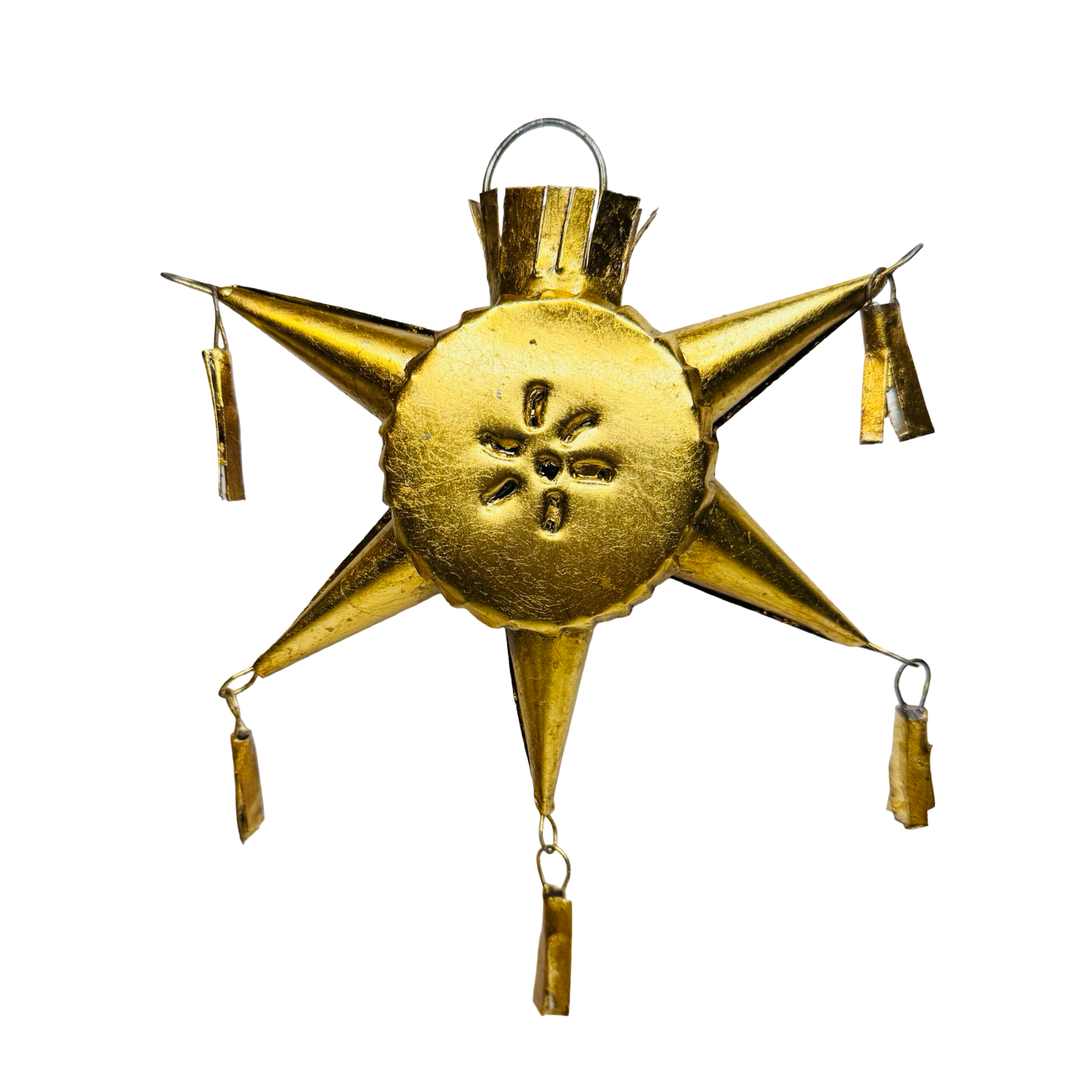 brass toned five-point star shaped pinata ornament with a hanging loop.