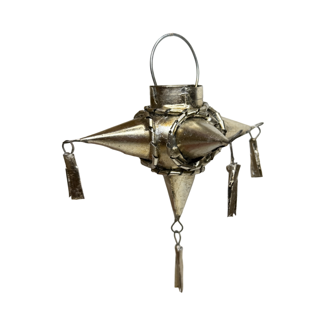 silver five-point star shaped pinata ornament with a hanging loop.