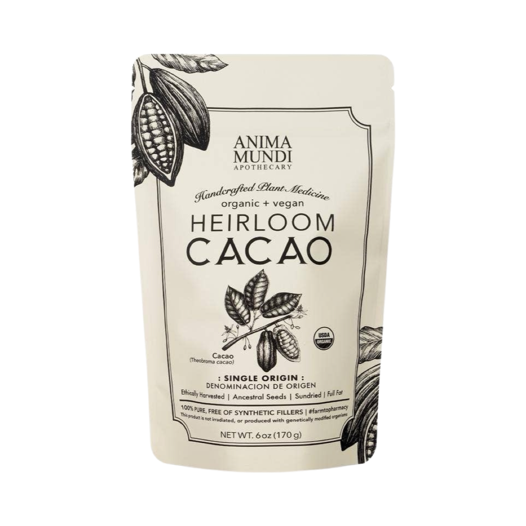 6 oz beige pouch with a branded label featuring a sketch of a cacao plant.