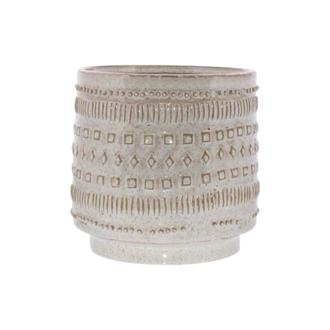 Creamy White ceramic cachepot with an design that features squares , diamonds, lines and circles