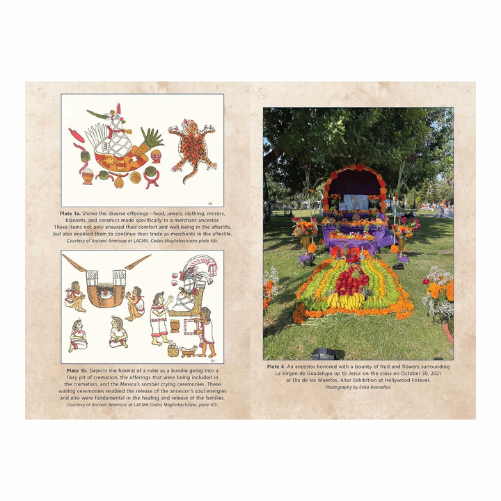 Book spread showing codex illustrations of offerings and a funeral rite alongside a photo of a fruit and flower altar for Día de los Muertos.