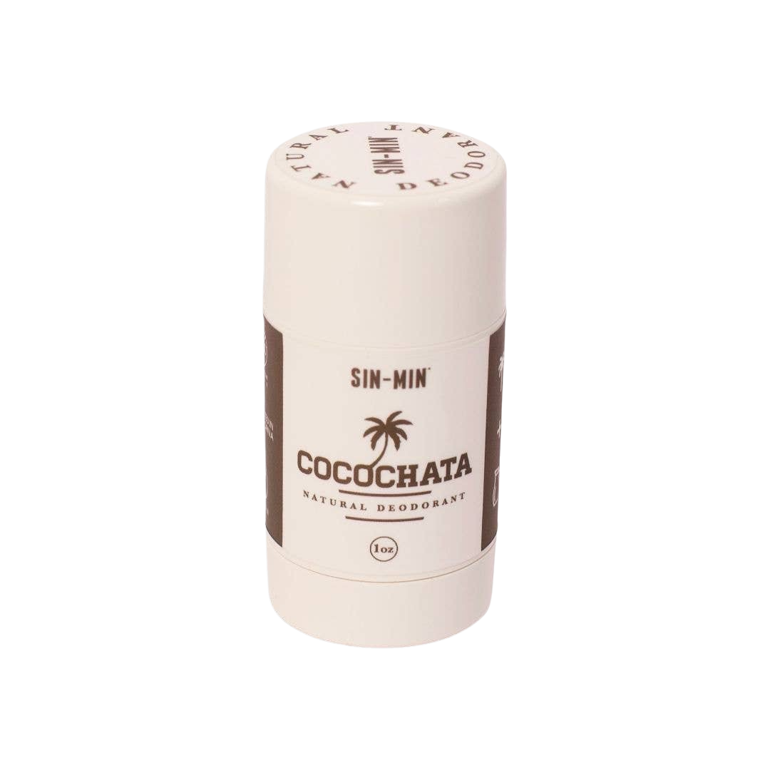 1 oz white tube of deodorant with branded labeling featuring brown lettering and a palm tree.