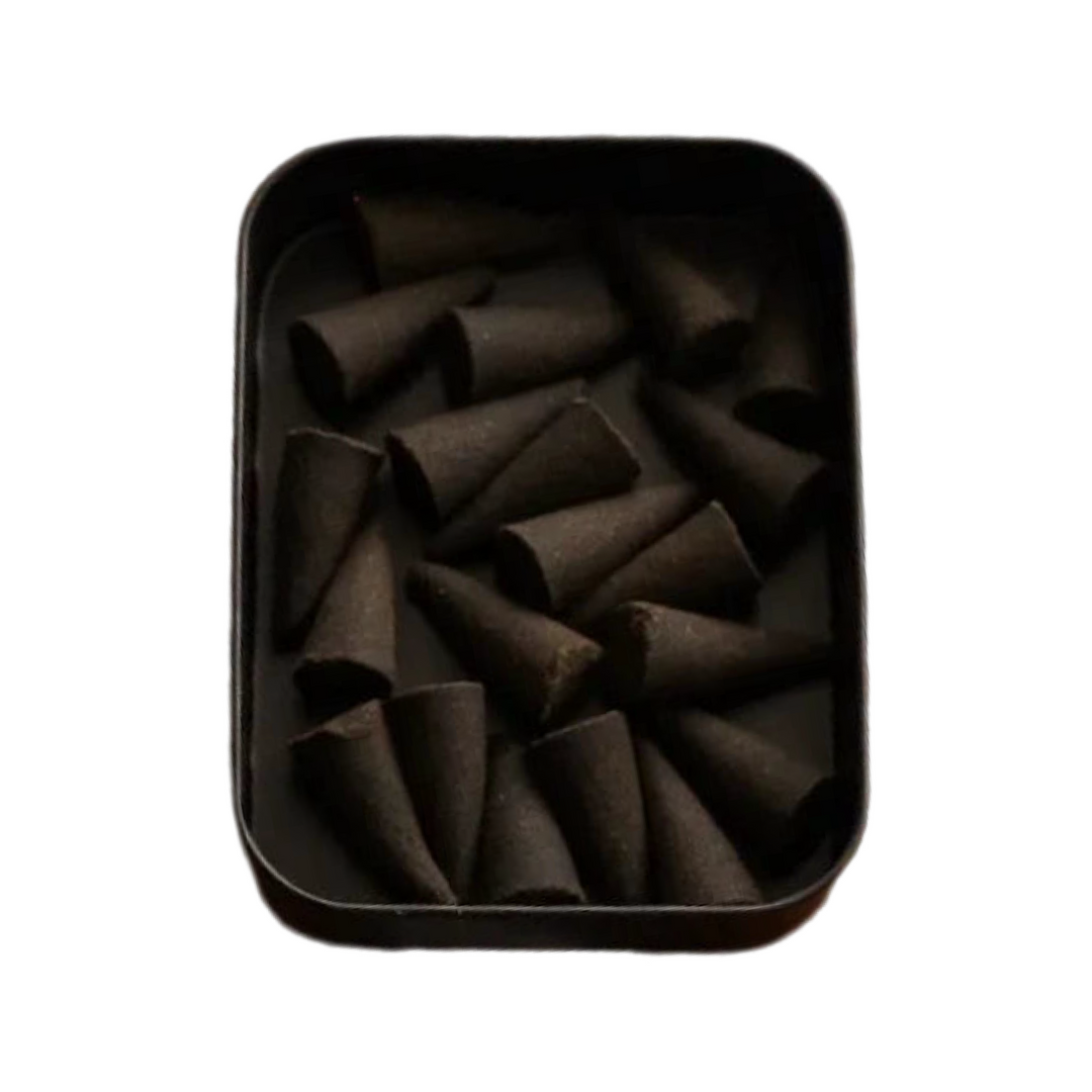 black rectangle tin with 25 black incense cones.