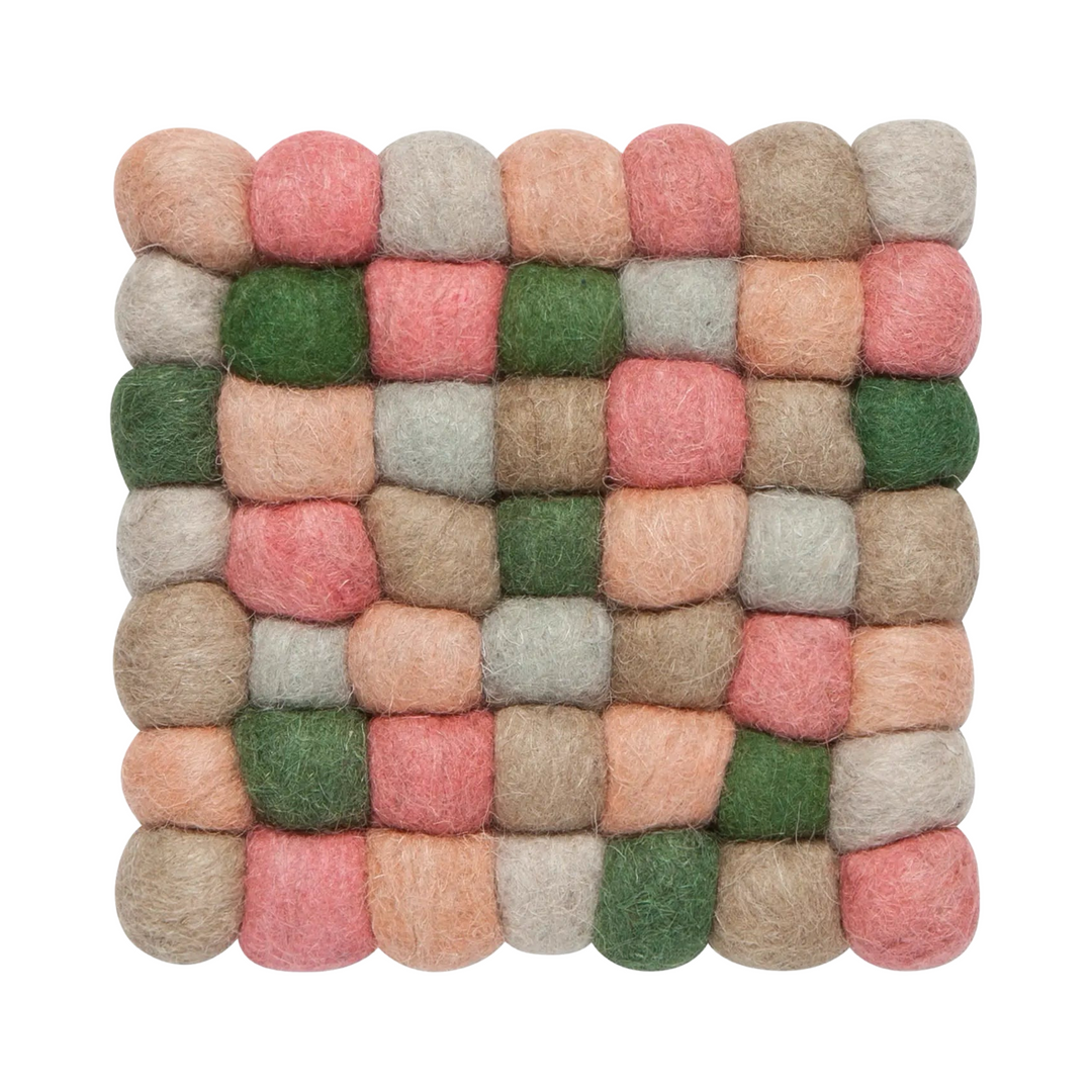 Wool Felt Dot Square Trivet featuring the following colors: blush, peach, sand, green