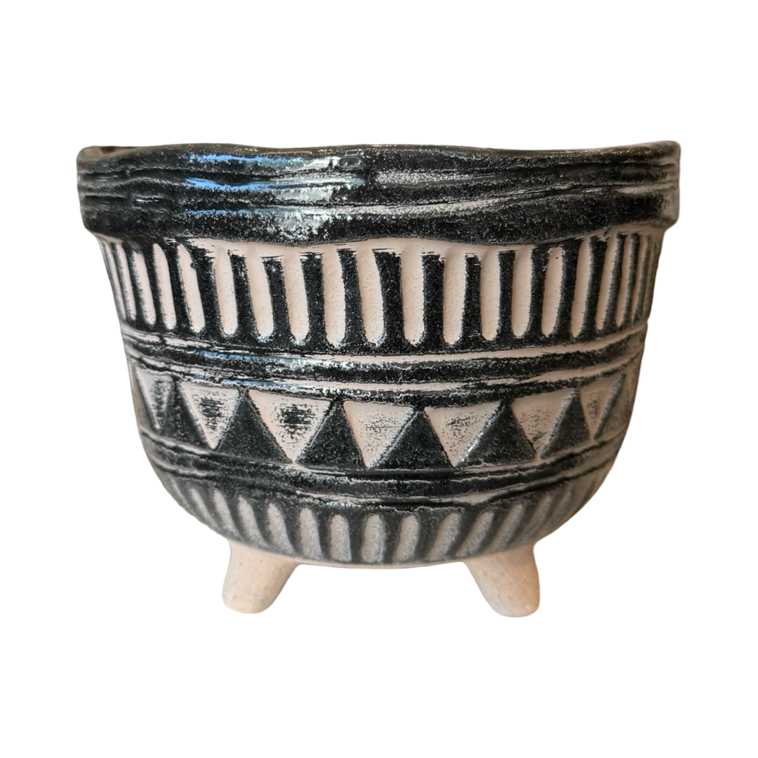 Black and tan geometric print footed planter